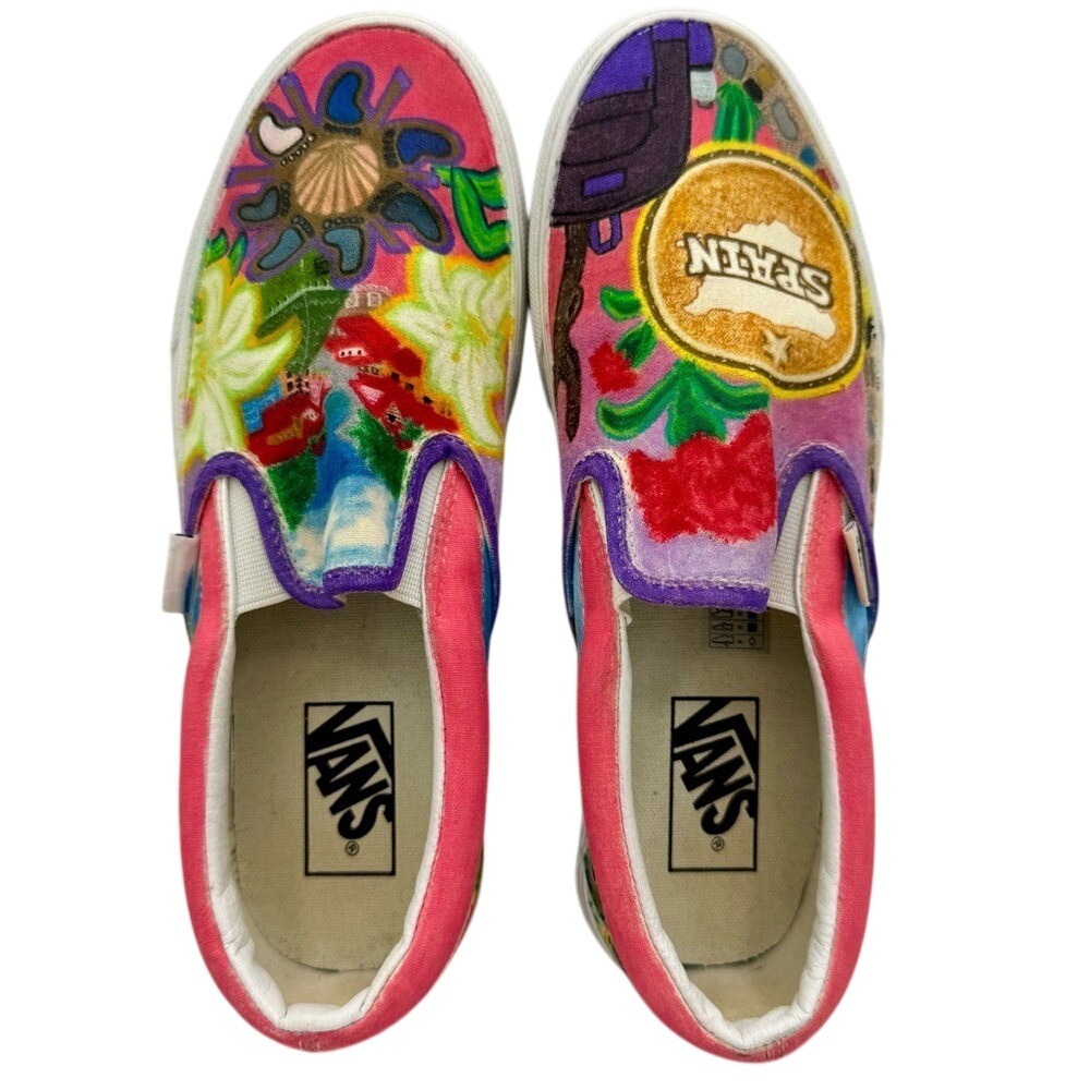 Custom Hand-painted Vans Slip-On Shoes "100 Miles" "Spain" Women's 9 OOAK‎